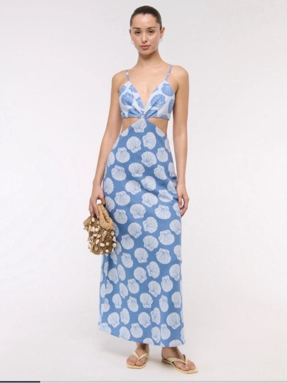 NWT Abercrombie Shell Print Cutout Twist Front Maxi Dress Blue Linen Size L